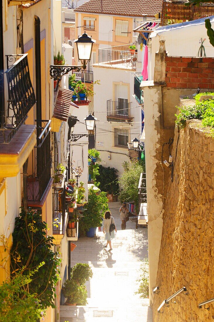 Typical street of the Santa Cruz neighborhood in Alicante, Valencia, Spain