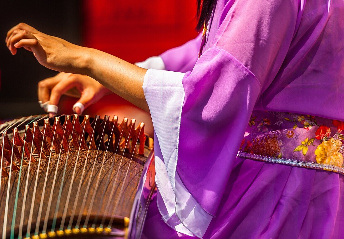 The guzheng, also known as the Chinese zither, is a Chinese plucked string instrument with a more than 2,500-year history. It has 16 (or more) strings and movable bridges. The modern guzheng usually has 21 strings, and is 1,600 mm long. It has a large, re