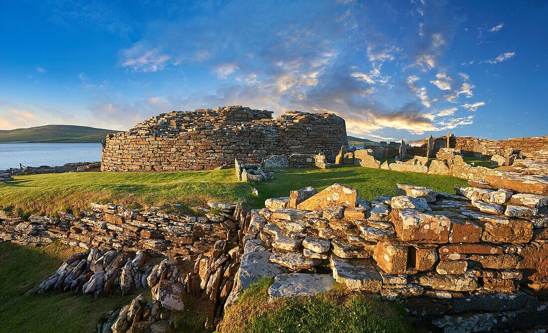 The Broch of Gurness is a rare example of a well preserved brooch village. Dating from 500 to 200BC the central round tower probably reached 10 meters. This was surrounded by thatched roofed houses. The settlement was surrounded by walls and two deep ditc