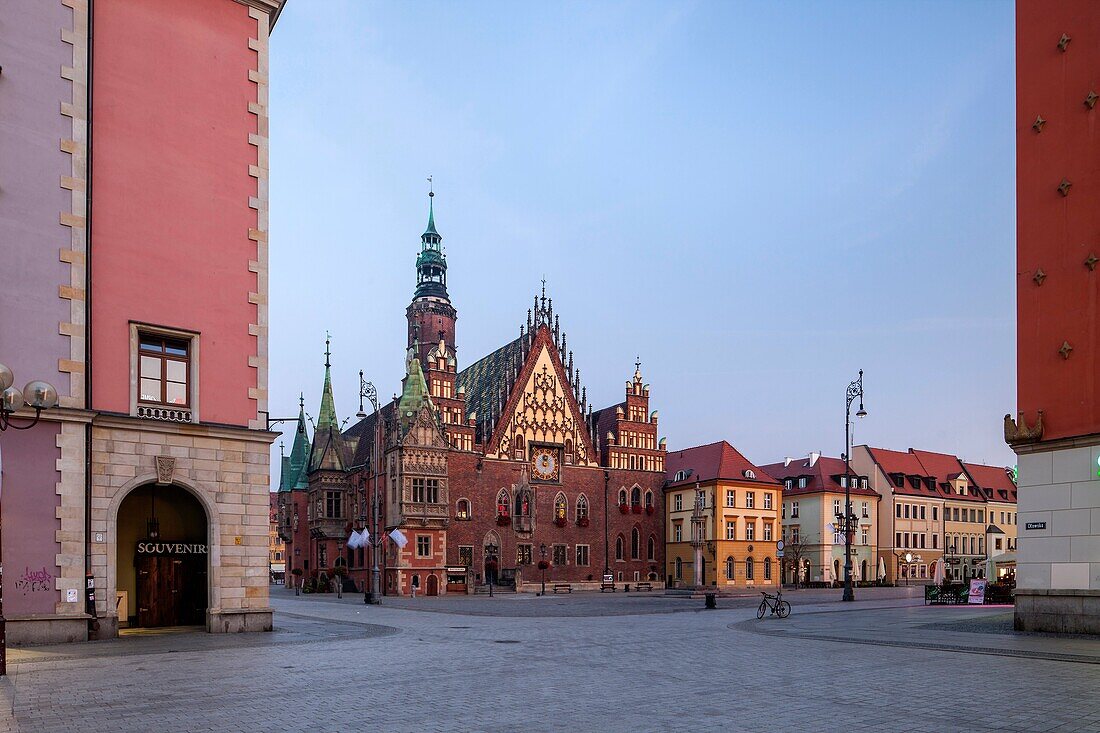Dawn on the market square in Wroclaw old town, Poland.