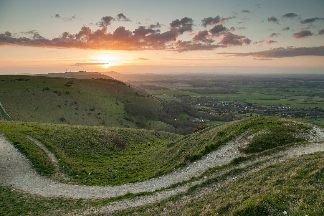 Spring sunset at Devil's Dyke, South Downs National Park near Brighton, West Sussex, England.