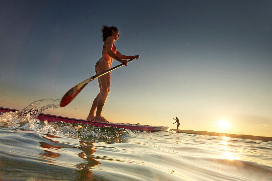 Stand Up Paddler on Lake Starnberg,  YWoman,  SUP, Lake Starnberg, Bavaria, Germany