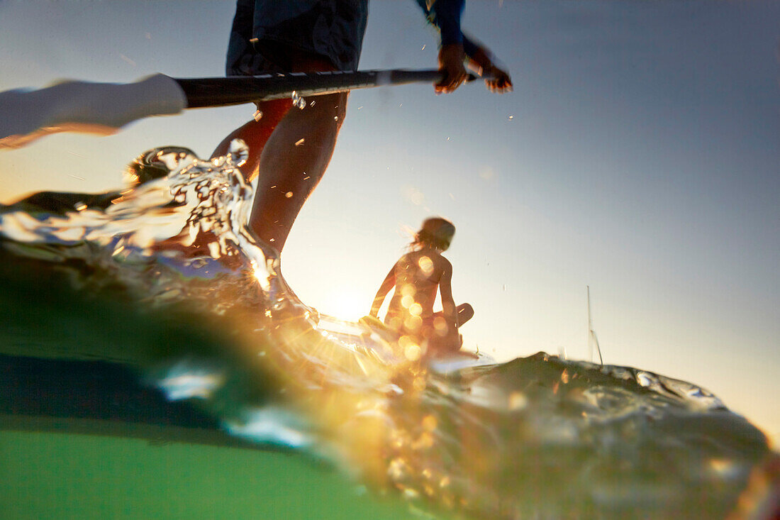 Stand Up Paddler on Lake Starnberg,  Father and Daughter, SUP, Lake Starnberg, Bavaria, Germany