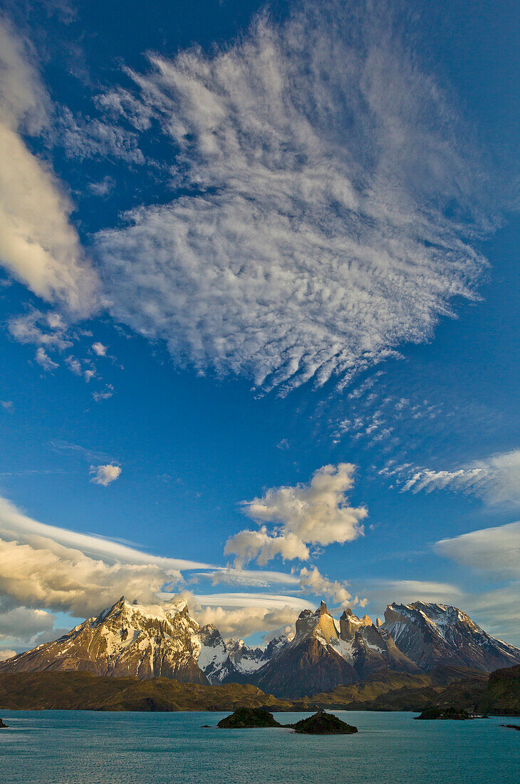 Granite peaks in spring, Lake Pehoe, Torres del Paine, Torres del Paine National Park, Patagonia, Chile