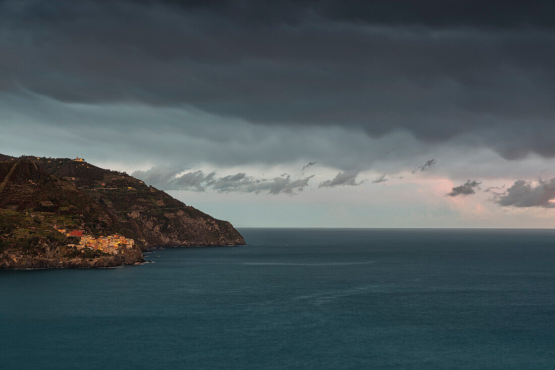 Cloudy day in Manarola, Cinque Terre, municipality of Riomaggiore, La Spezia provence, Liguria, Italy, Europe