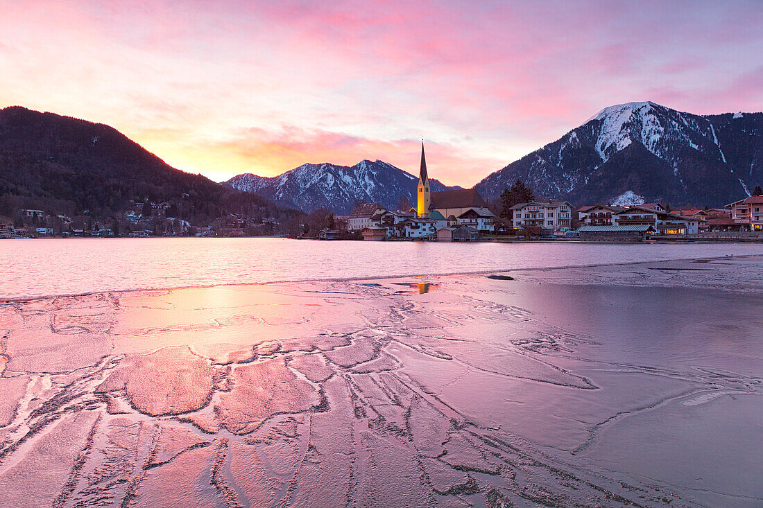 Winter sunrise in Rottach-Egern with the frozen Tegernsee Lake, District Miesbach, Upper Bavaria, Germany, Europe