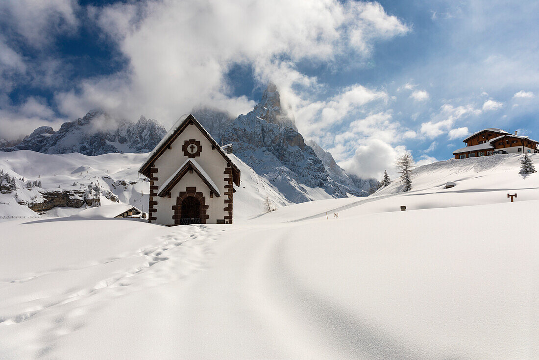 Pale di San Martino mountains, View of Passo Rolle, San Martino di Castrozza village, Trento district, Trentino Alto Adige, Italy