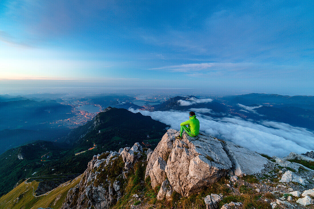 Waiting for the sunrise on the top of Grigna Meridionale, Lecco, Lombardy, Italy, Europe