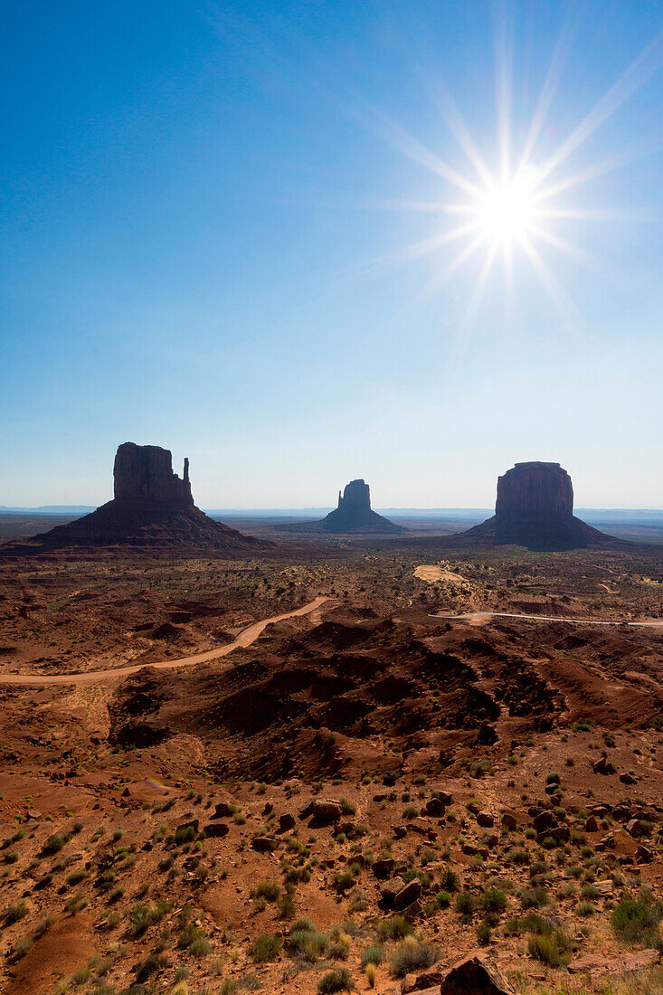 The Mittens and Merrick Butte viewed from the Visitor Center in Monument Valley, Navajo Tribal Park, Utah, USA
