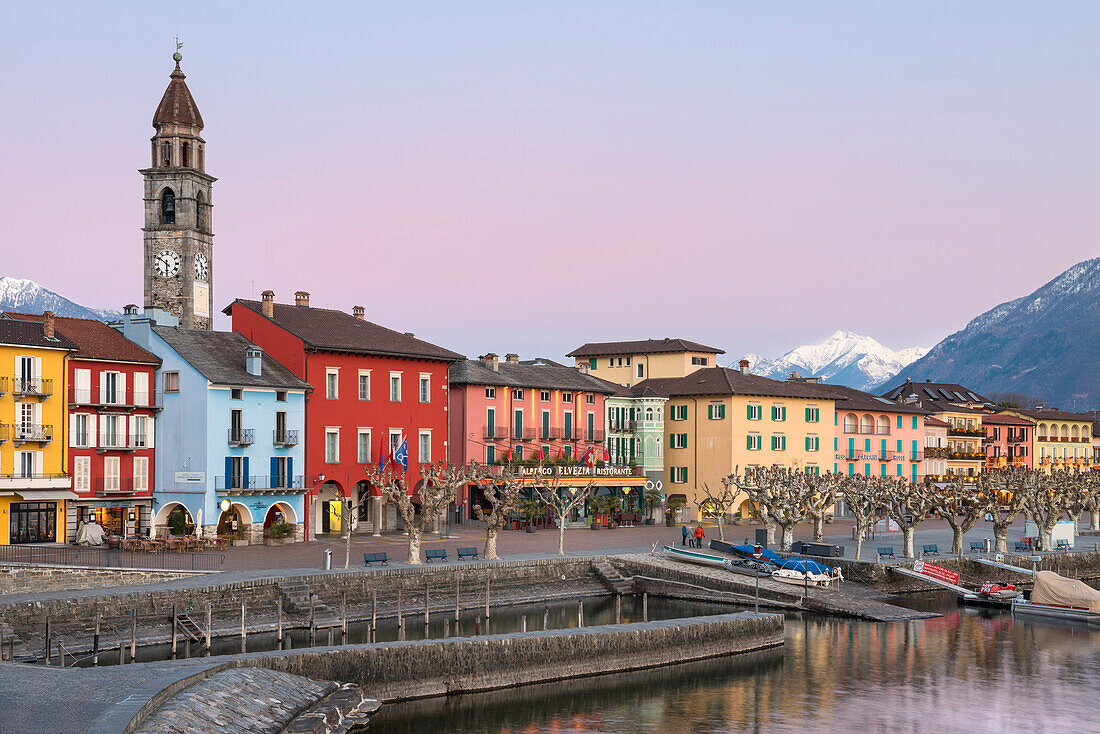 The little village of Ascona during winter sunset; Lago Maggiore, Canton Ticino, Switzerland, Europe