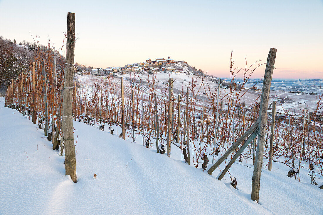 The sunrise at La Morra afrter snowy night, Langhe, Cuneo Province, Piedmont, Italy, Europe