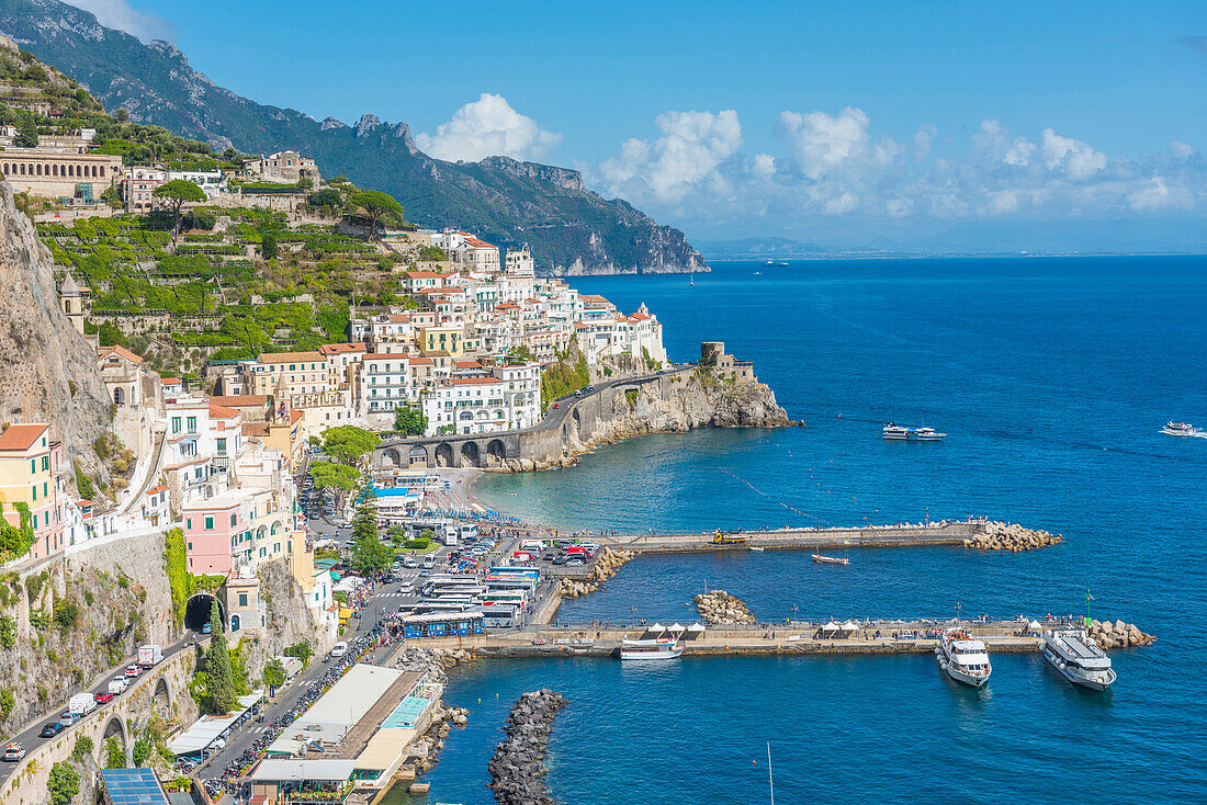 Amalfi, Amalfi coast, Salerno, Campania, Italy. High angle view of Amalfi