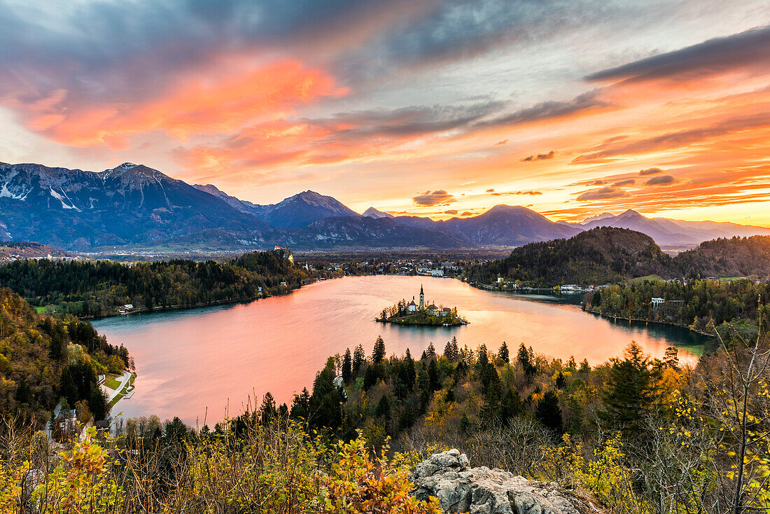 Elevated view of lake Bled at sunrise. Bled, Upper Carniola, Slovenia