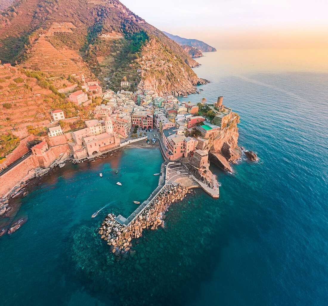 Vernazza, 5 Terre, Liguria, Italy. Aerial view of Vernazza at sunset.