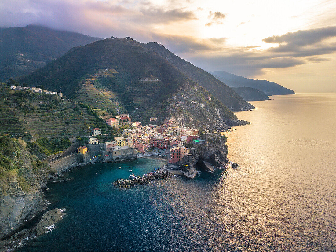 Vernazza, 5 Terre, Province of La Spezia, Liguria, Italy. Aerial view of Vernazza.