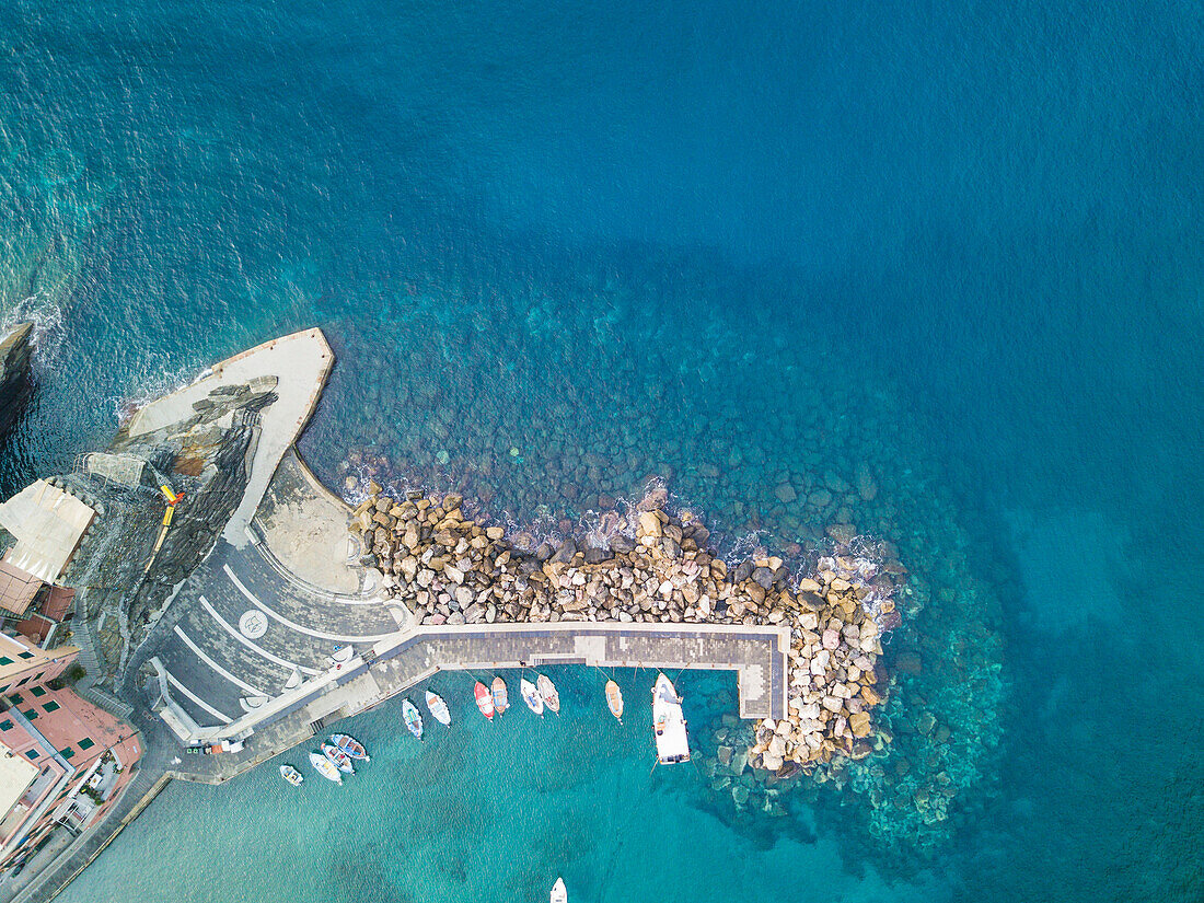 Vernazza, 5 Terre, Province of La Spezia, Liguria, Italy. Aerial view of Vernazza.