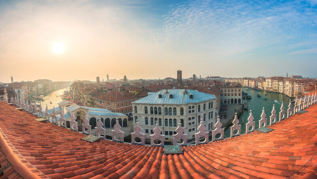 The view on Canal Grande from panoramic terrace of Fondaco dei Tedeschi, Venice, Veneto, Italy