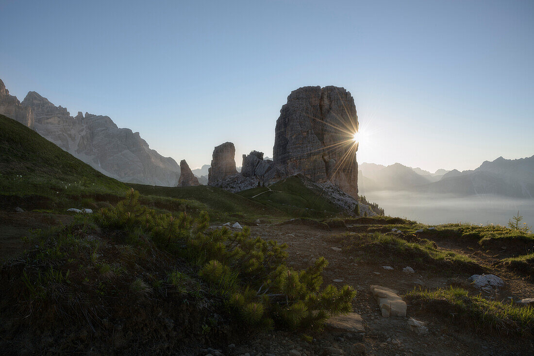 Europe,Italy,Veneto,Dolomites,Bellunodistrict, Dolomitid'Ampezzo,Tofanegroup,Cortina d'Ampezzo, Sunrise on the five towers.