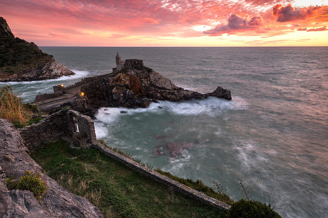 San Pietro Church at sunset, municipality of Portovenere, La Spezia province, Liguria, Italy, Europe