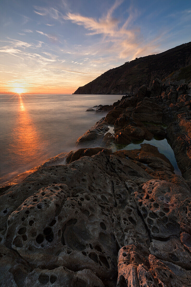 Sunset at Punta Pineda, Cinque Terre, municipality of Riomaggiore, La Spezia province, Liguria, Italy, Europe