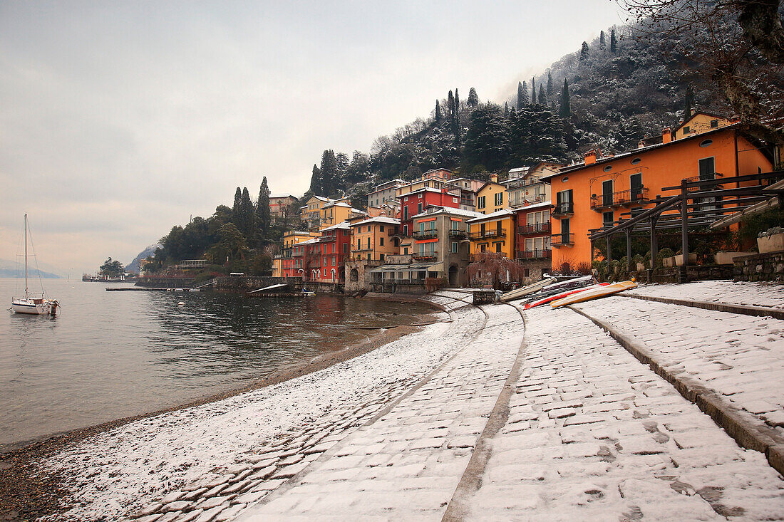 Varenna with snow . Varenna, Lecco province, Lake Como, Lombardy, Italy, Europe