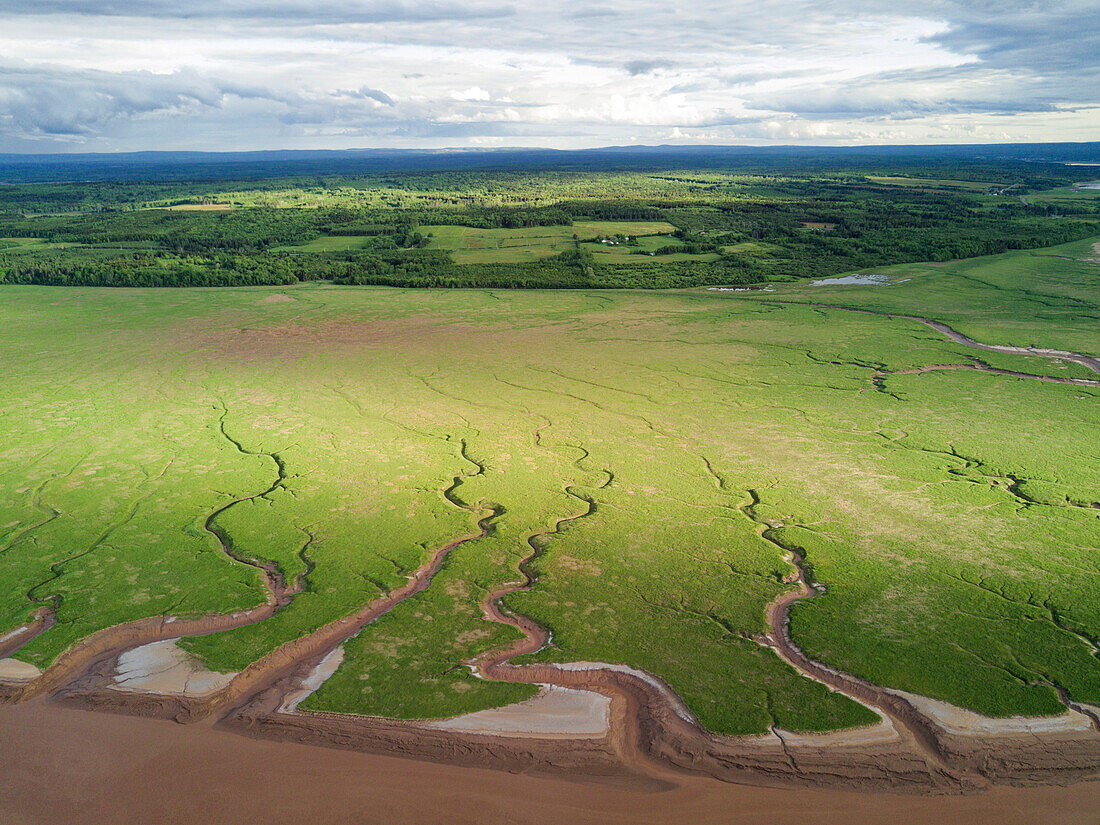 Maccan River estuary along dike and saltmarsh, Chignecto Bay, Nova Scotia, Canada