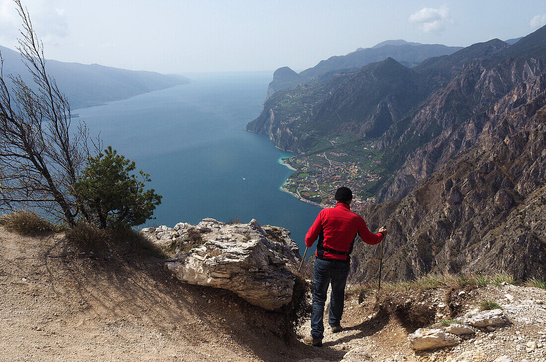 View to Limone, Hiking near Pregasina over Riva, Lake Garda, Trentino, Italy