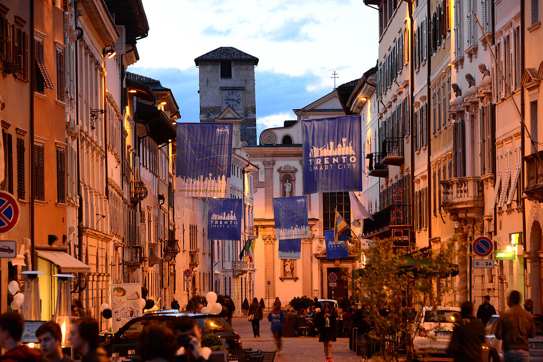 Via Belenzani, evening in the oldtown, Trento, Trentino, Italy