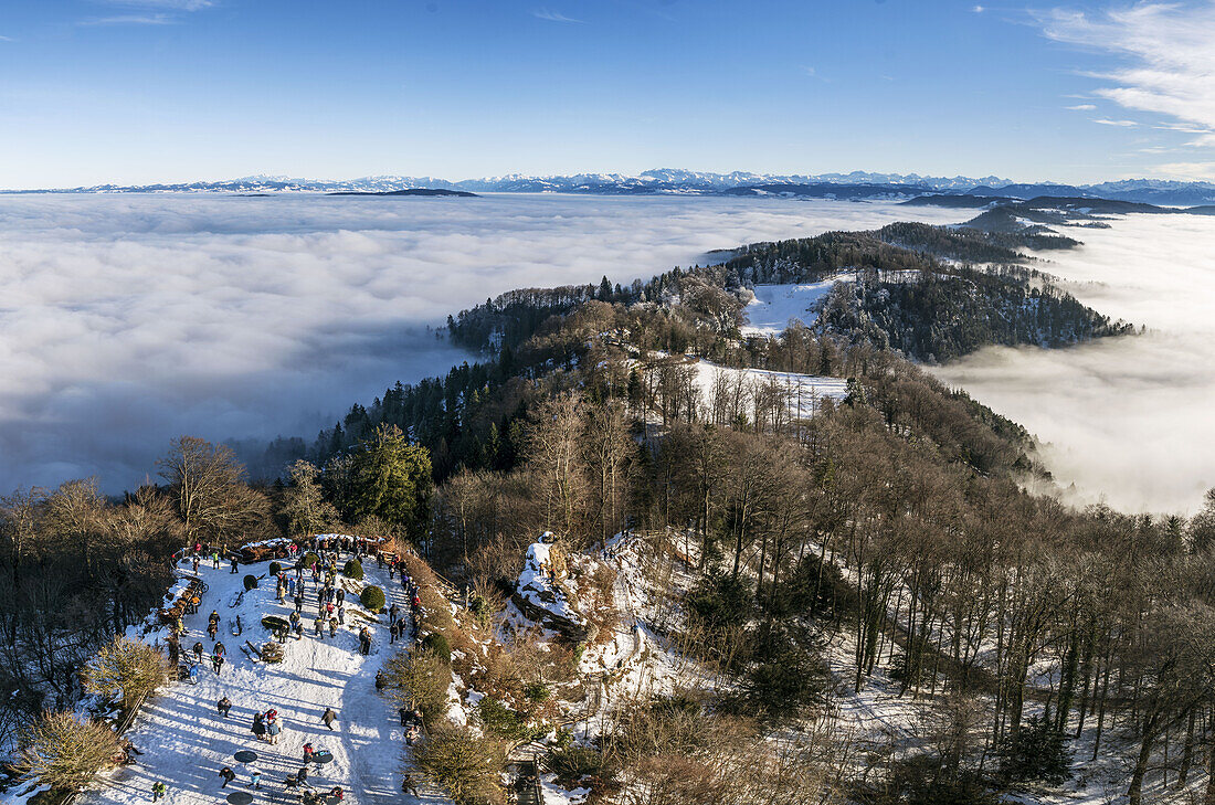 Panoramablick vom Aussichturm des Uetliberg, Nebel, Kanton Zuerich