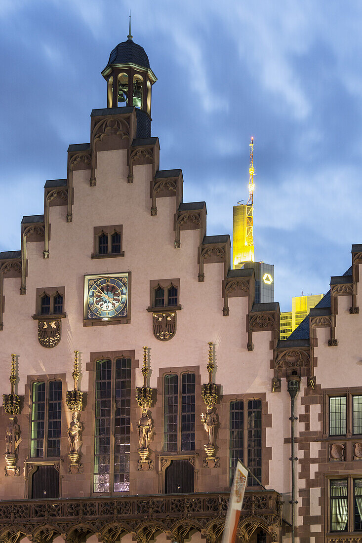 City Hall, Facade of historic building , Roemerberg, background Commerbank tower, Frankfurt am Main, Hesse, Germany