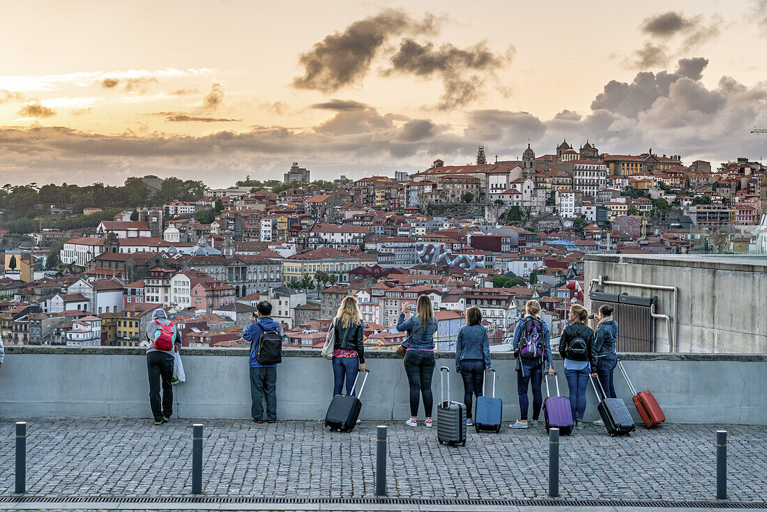 Viewpoint near Dom Luis I  bridge, group of tourists with trolleys, Porto, Portugal Porto, Portugal
