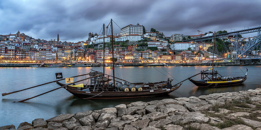 traditional Rabelo boats, Douro river, cityscape, panorama, twilight,  Porto, Portugal