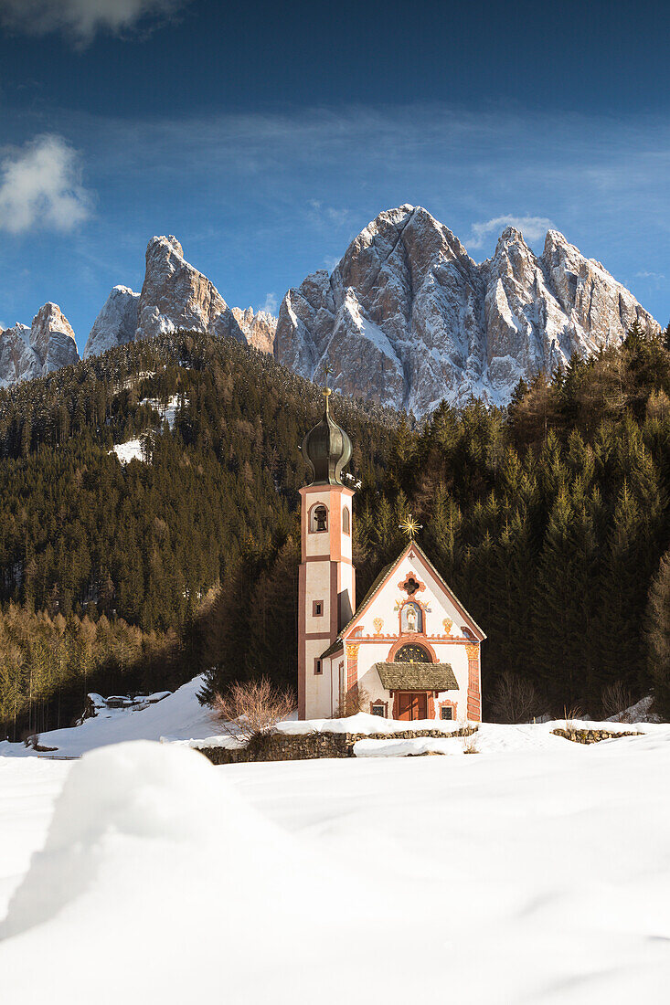 the church of st. John in Villnössertal with the Geisler in the background, Bolzano province, South Tyrol, Trentino Alto Adige, Italy