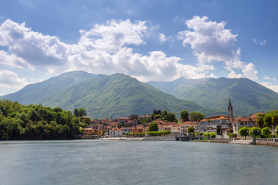 View of the small town of Mergozzo and Lake Mergozzo in a spring day, Verbano Cusio Ossola,Piedmont, Italy.