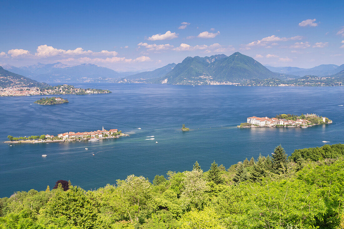 View of the Borromean Islands, Isola dei Pescatori,Isola Bella and Isola Madre, from a viewpoint over Stresa in a spring day, Verbano Cusio Ossola, Lago Maggiore, Piedmont, Italy.