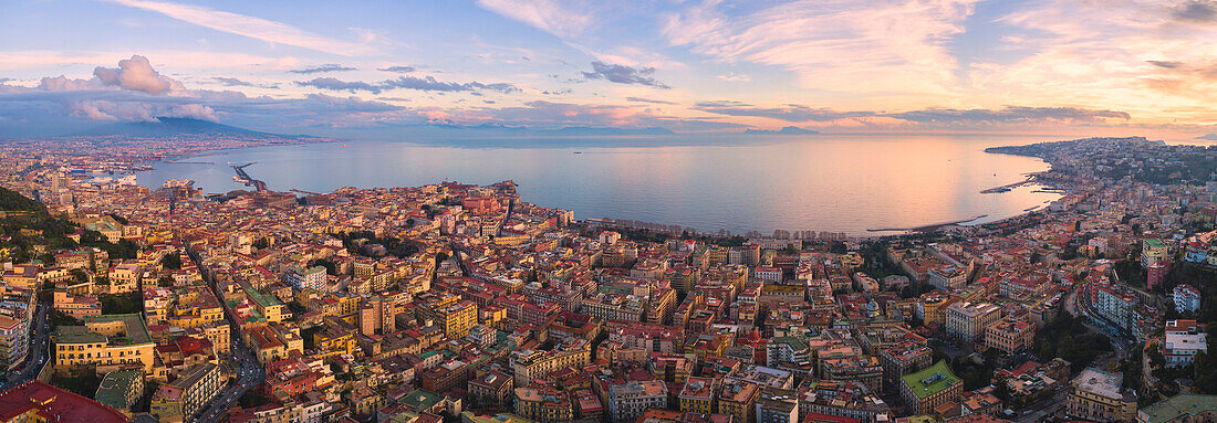 Aerial view of Napoli at sunset, Campania region, Napoli, Italy, Europe.