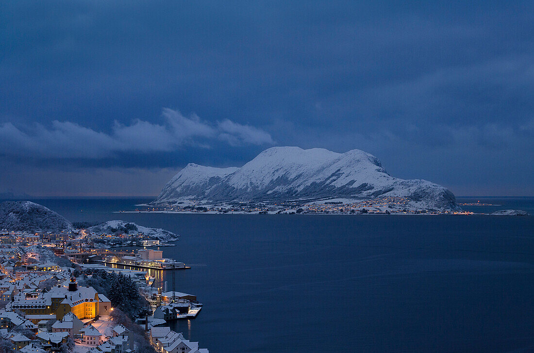 Winter blue hour at Godoy island, Vestlandet, More og Romsdal county, Norway, Europe.