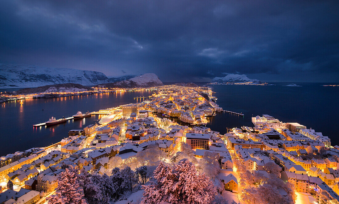 Winter night cityscape at Alesund, Vestlandet, More og Romsdal county, Norway, Europe.
