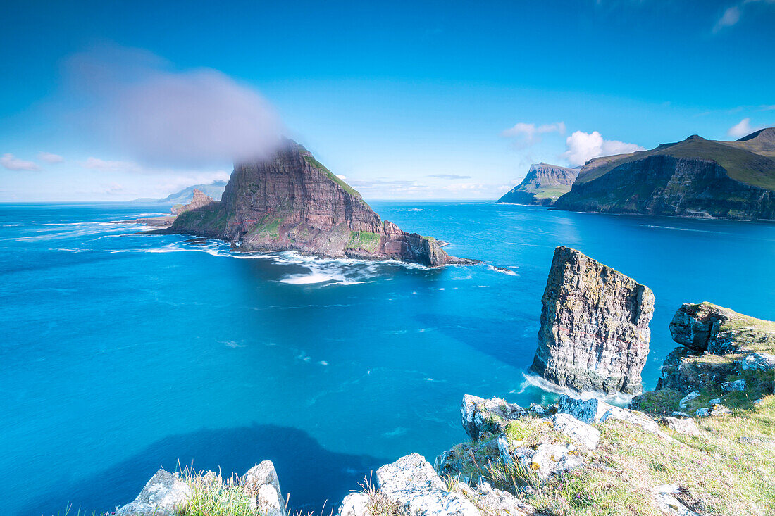 The sea stacks of Drangarnir and Tindholmur islet, Vagar Island, Faroe Islands