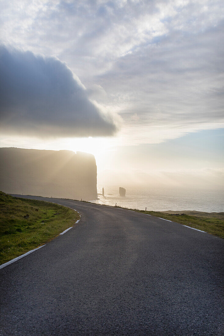 Cliffs of Risin og Kellingin seen from Eidi, Eysturoy Island, Faroe Islands, Denmark