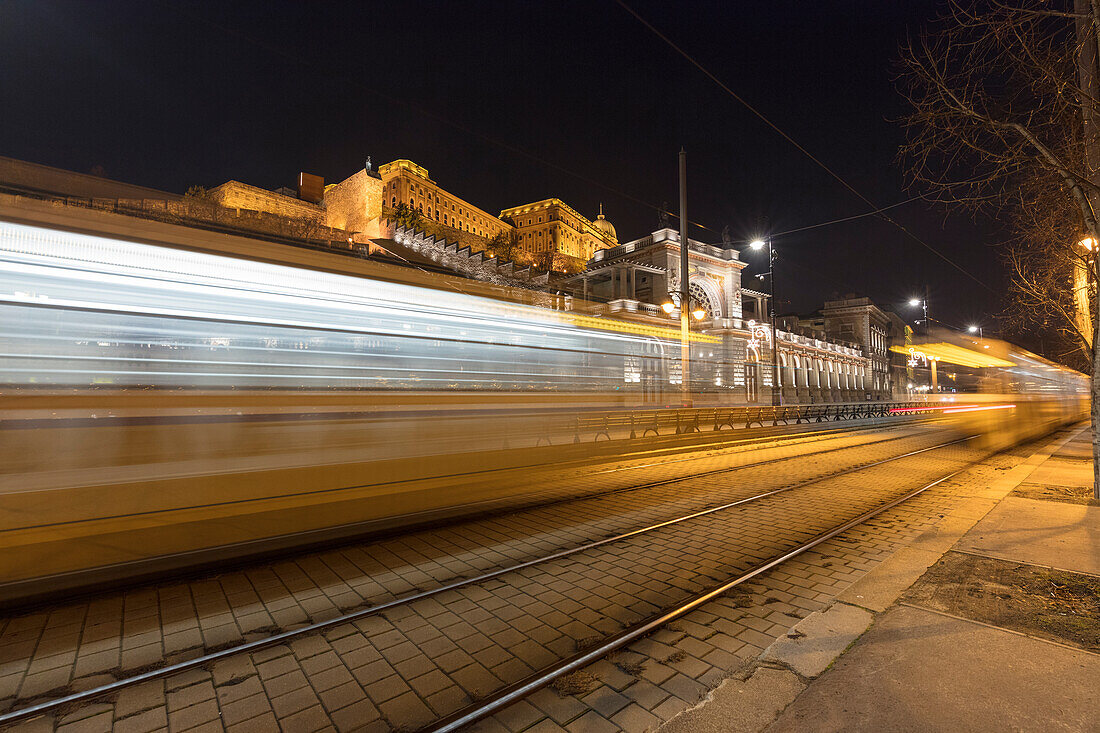 Tram and Buda Castle in the background, Budapest, Hungary