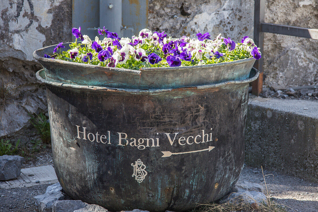 A vase full of flowers at the entrance of a hotel close to the spa of Bagni Vecchi Bormio Upper Valtellina Lombardy Italy