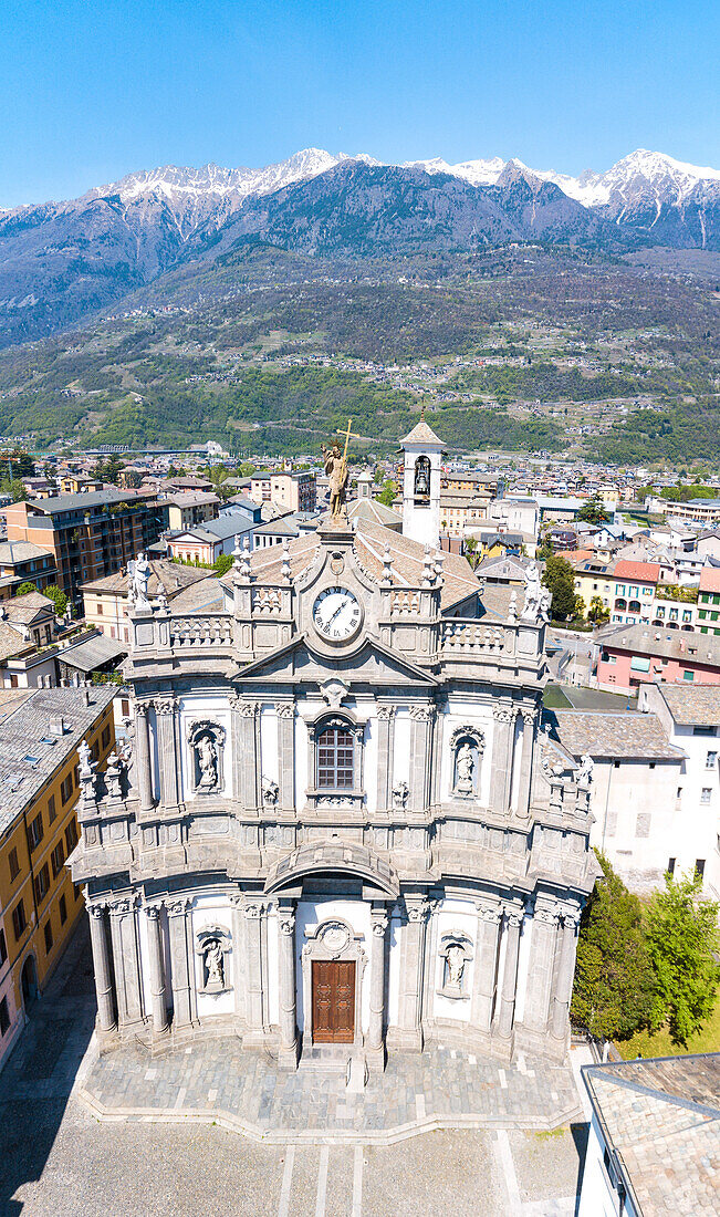 Panoramic aerial view of Collegiata San Giovanni, Morbegno, province of Sondrio, Valtellina, Lombardy, Italy