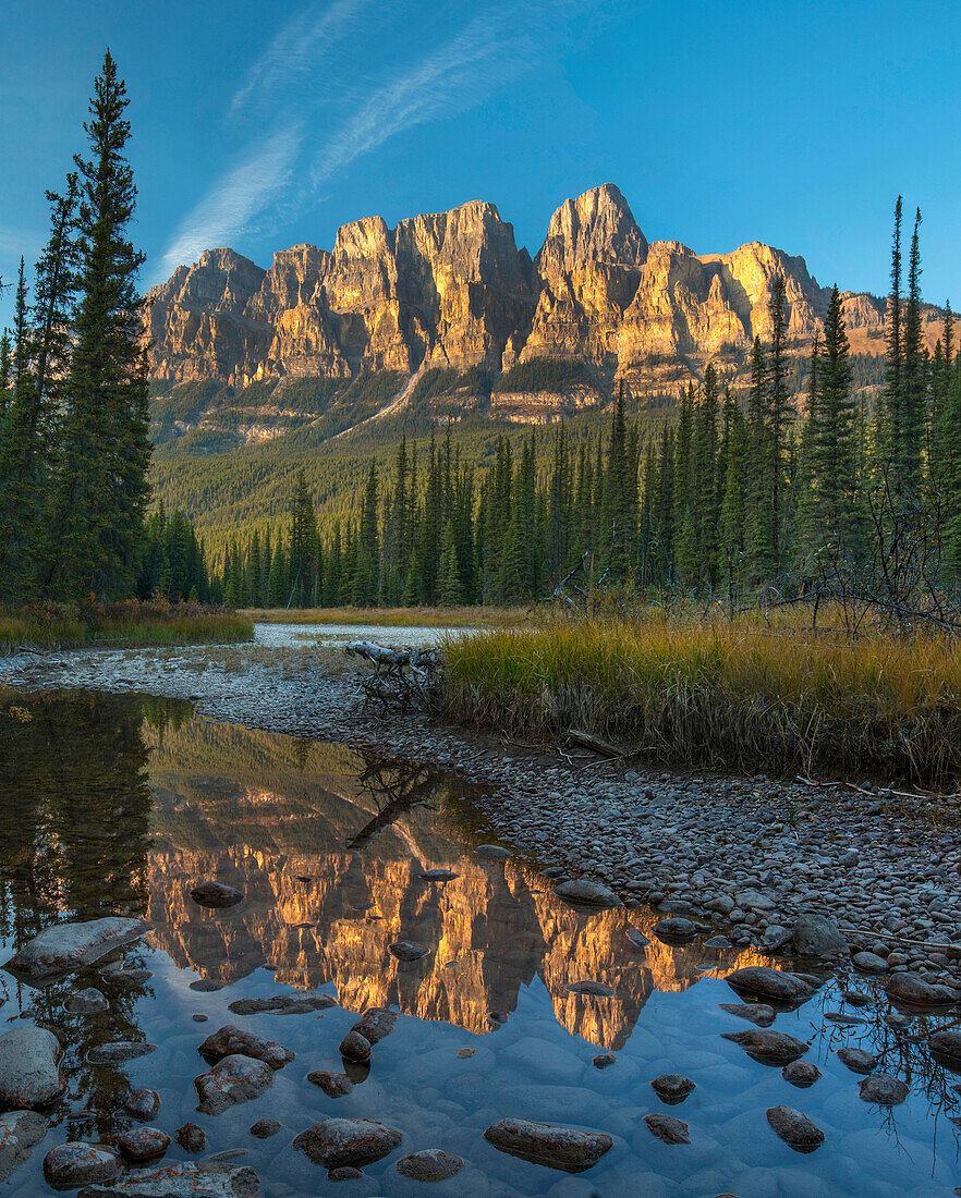 Castle Mountain reflected in Athabasca River, Banff National Park, Alberta, Canada