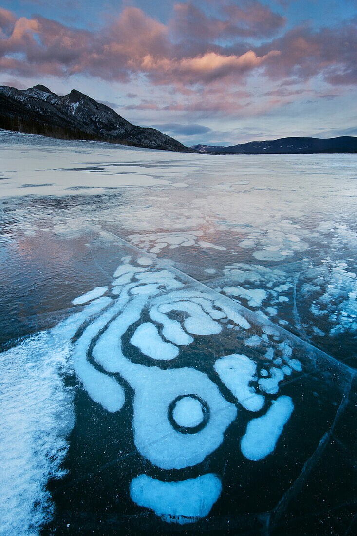 Frozen methane bubbles in winter, Abraham Lake, Canadian Rocky Mountains, Alberta, Canada