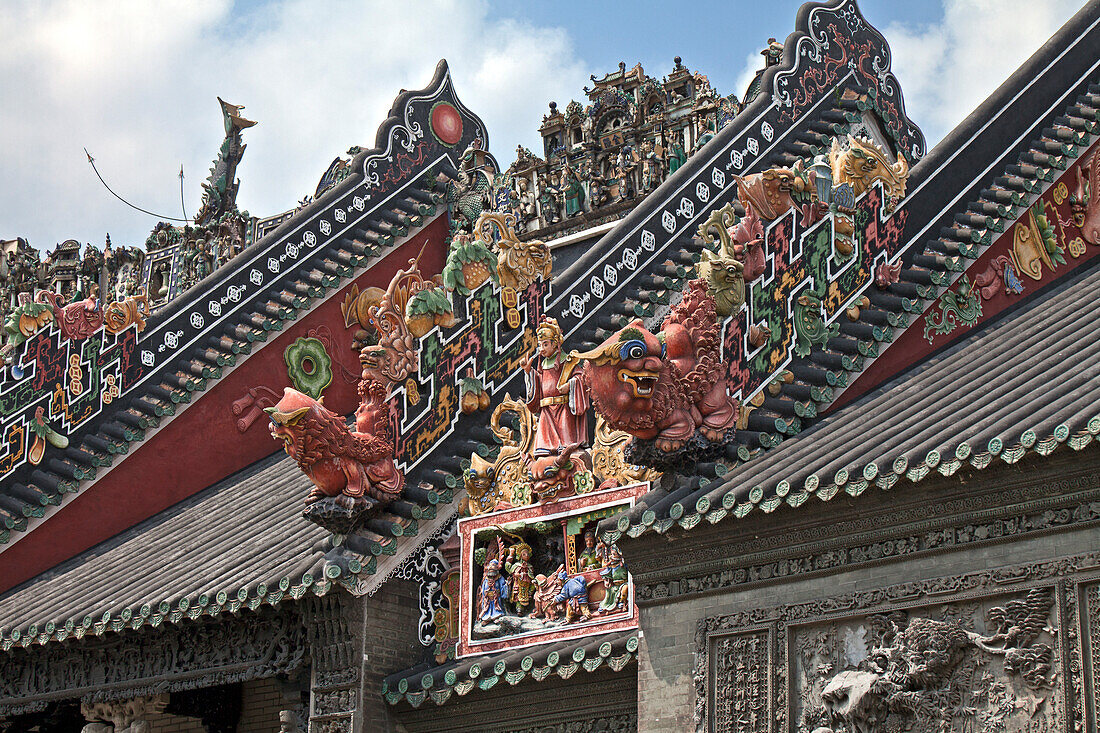 Roofing art detail, The Chen Clan Ancestral Hall in Guangzhou, China. Built by the 72 Chen clans for their juniors' accommodation and preparation for the imperial examinations in 1894 in Qing Dynasty, it now houses the Guangdong Folk Art Museum and is a s