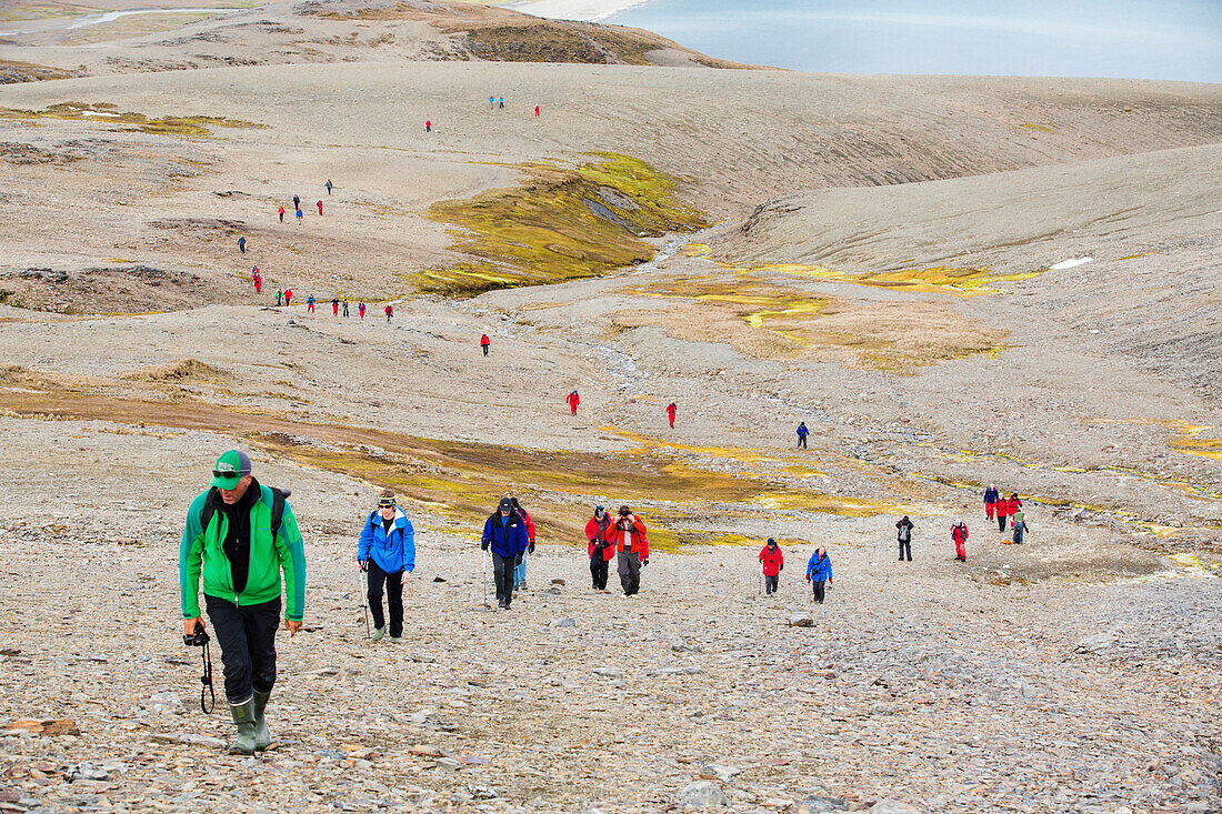 Passengers on an expedition cruise to Anarctica recreat part of Shakleton's famous walk across South Georgia. The group are walking from Fortuna Bay to Stromness.