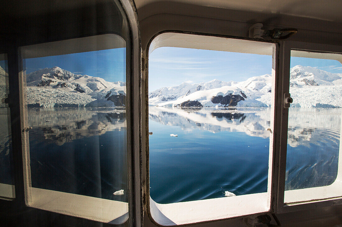 A view from one of the cabins on the Akademik Sergey Vavilov, an ice strengthened ship on an expedition cruise to Antarctica, off the antarctic peninsula.