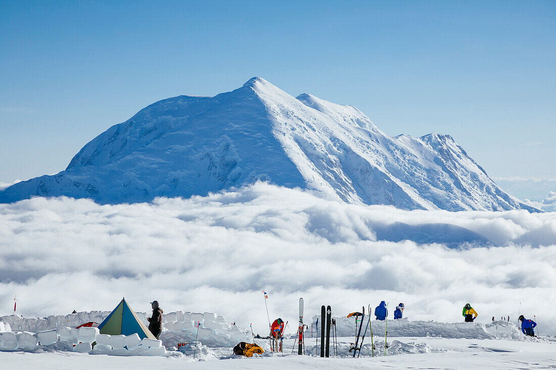 People and tents at camp on Denali, Denali National Park, Alaska, USA