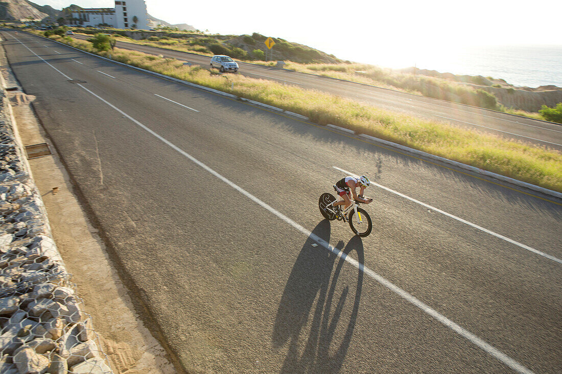 Profesional triathletes at the bike stage of the Los Cabos Iron Man 2015 in Los Cabos, Baja California